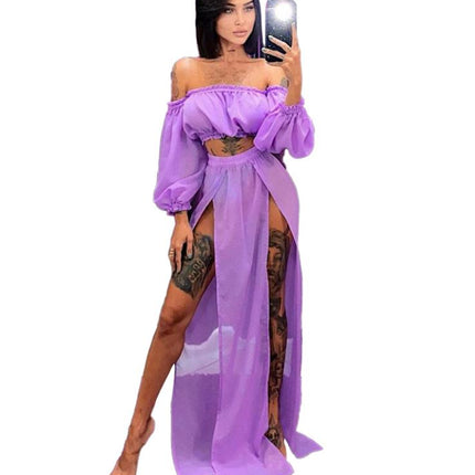 Set di abbigliamento moda estiva da donna, top a maniche lunghe con spalle scoperte e gonna copricostume in due pezzi per viaggi in vacanza al mare platinumshop