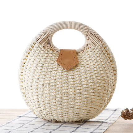 Women's Handmade Round Woven Natural Rattan Handbag Shoulder Bag Summer Beach Bag with Casual Bohemia Women's Clutch