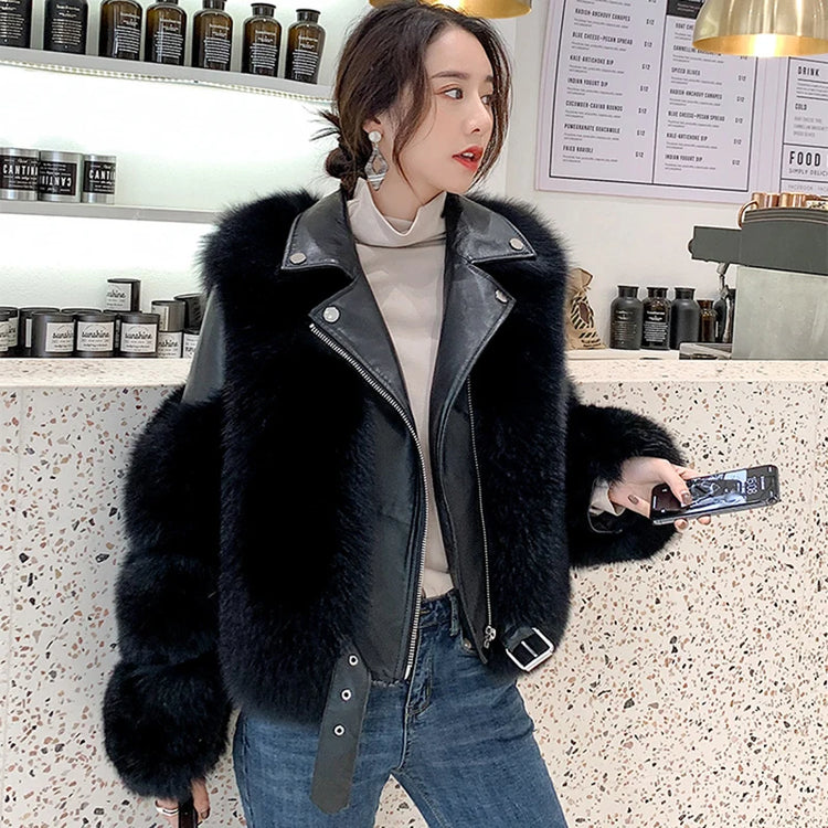 ZADORIN Top Fashion Luxury FAUX Fox Fur Coat Motorcycle PU Leather Turn Down Collar Warm Faux Fur Jacket Women Autumn Winter New