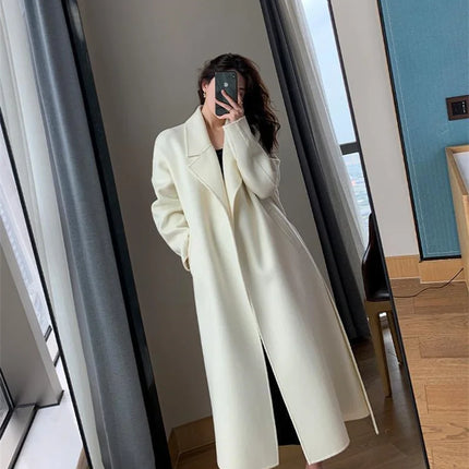 White Woolen Coat Women Autumn And Winter High-End Fashion Temperament Long Thick Blended Wool Windbreaker Female Jacket Belt 99