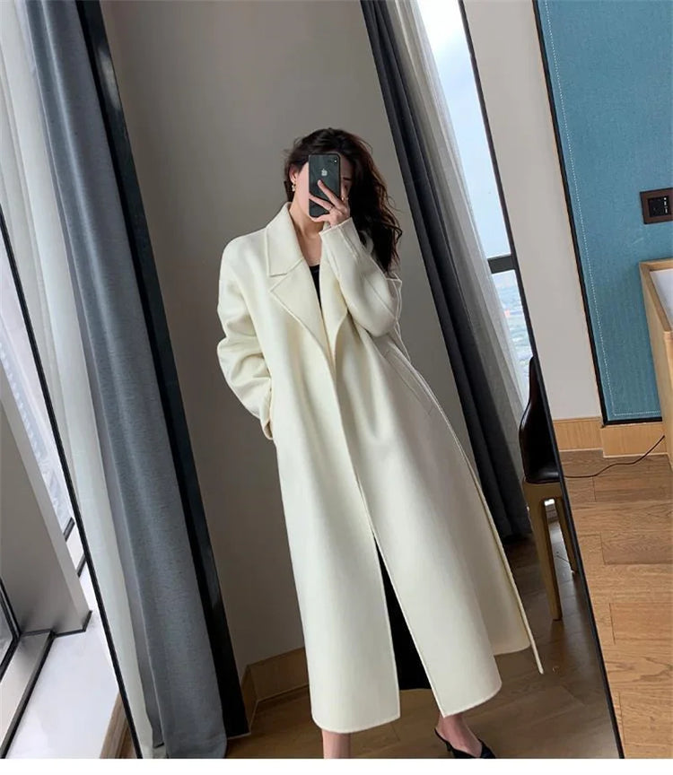 White Woolen Coat Women Autumn And Winter High-End Fashion Temperament Long Thick Blended Wool Windbreaker Female Jacket Belt 99