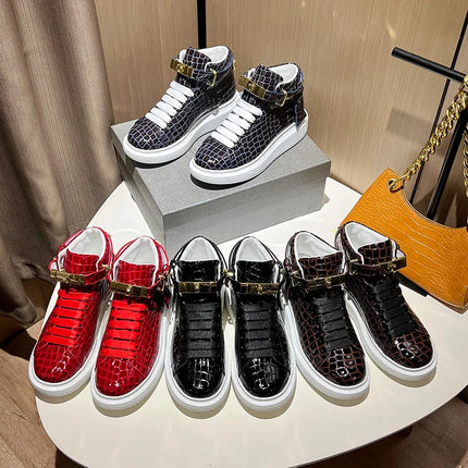 2026 Mid-Top Sneakers Men Alligator Pattern Round Toe Lock Decoration Lace Flats Glossy Cow Leather Casual Shoes