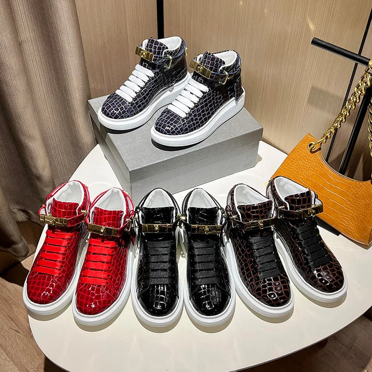 2026 Mid-Top Sneakers Men Alligator Pattern Round Toe Lock Decoration Lace Flats Glossy Cow Leather Casual Shoes