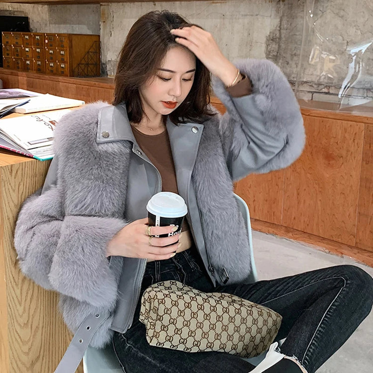 ZADORIN Top Fashion Luxury FAUX Fox Fur Coat Motorcycle PU Leather Turn Down Collar Warm Faux Fur Jacket Women Autumn Winter New