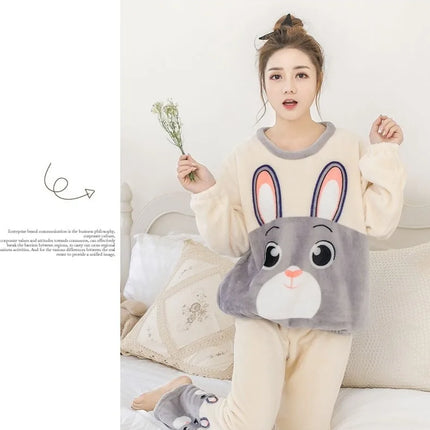 New 2025 Autumn Winter Warm Flannel Women Pijama Sets Thick Coral Velvet Long Sleeve Cute Sleepwear Set Thin Flannel Pajamas Set