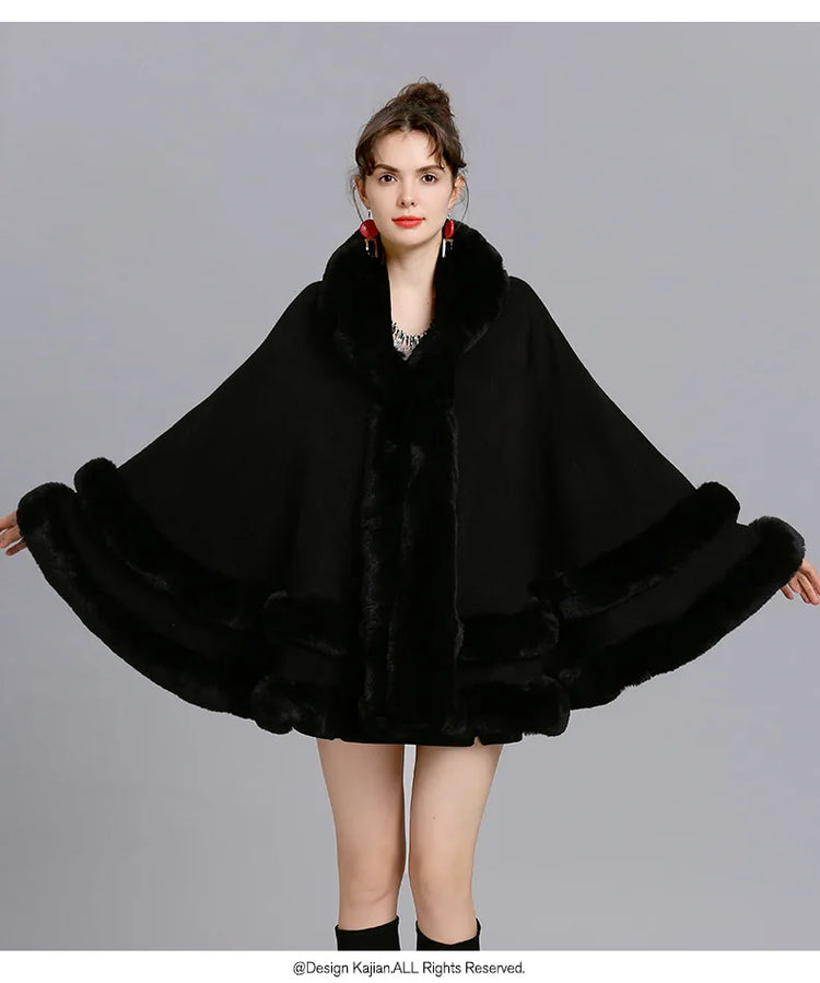 7 Colors Winter Shawl Warm Thick Cappa Coat Two Circle Faux Fox Fur Loose Poncho Cloak With Hat Women Big Pendulum Cardigan Cape