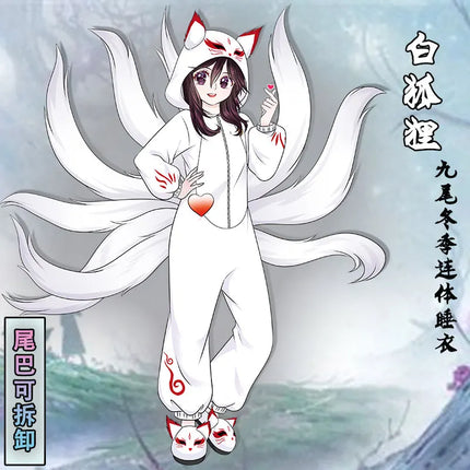 Anime Cosplay Pajamas Unisex Fox White Pajamas Cosplay Costume Adult Men Women Jumpsuits Cartoon Winter Flannel Home Sleepwear