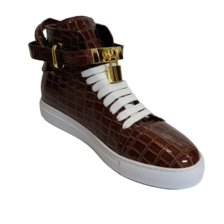 Luxury Designer Men Crocodile Pattern High Top Sneakers Glossy Patent Leather Gold Buckle Lace-up Casual Street Shoes Footwear