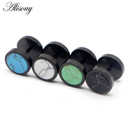 Alisouy 2 pz Acciaio Inossidabile Double Sided Rotondo Pietra Manubri Uomo Donna Vite Stud Bilanciere Orecchini Penetranti Spina per L'orecchio Finto platinumshop