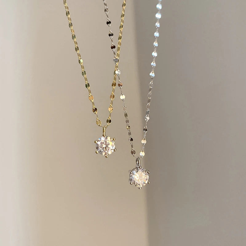 ANENJERY Collana con zirconi singoli color argento per donna Gioielli per feste di nozze con catena a clavicola con zirconi a sei artigli