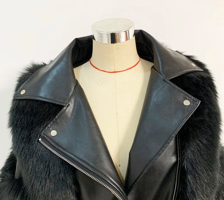 ZADORIN Top Fashion Luxury FAUX Fox Fur Coat Motorcycle PU Leather Turn Down Collar Warm Faux Fur Jacket Women Autumn Winter New