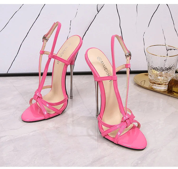 New 16CM Sexy Thin Strap Lady Sandals Large-Size Women Metal Stiletto Shoes Show Model Party Summer Ankle Back Strap High Heels