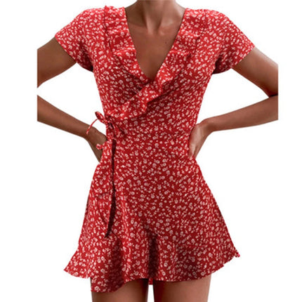 Women's Floal A-Line Summer Dress Sweet Elegant Floral Ruffle V-Neck Bandage Mini Dress for Women Chic Floral