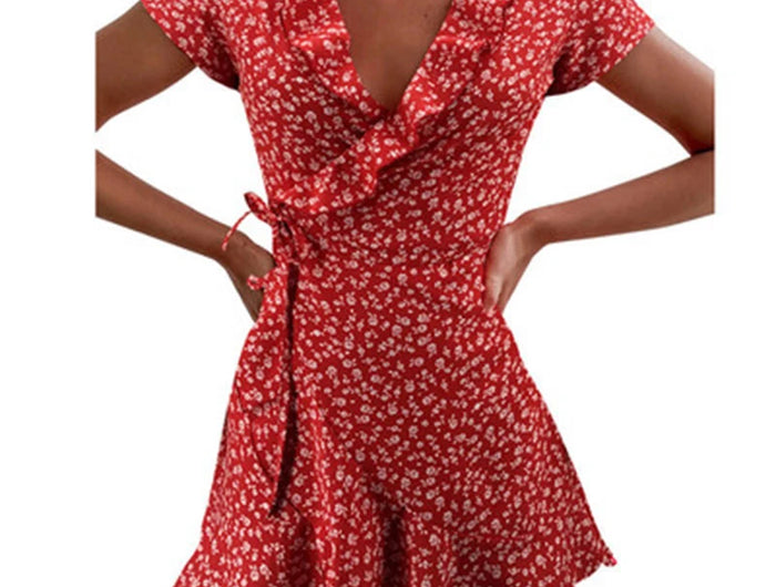 Women's Floal A-Line Summer Dress Sweet Elegant Floral Ruffle V-Neck Bandage Mini Dress for Women Chic Floral
