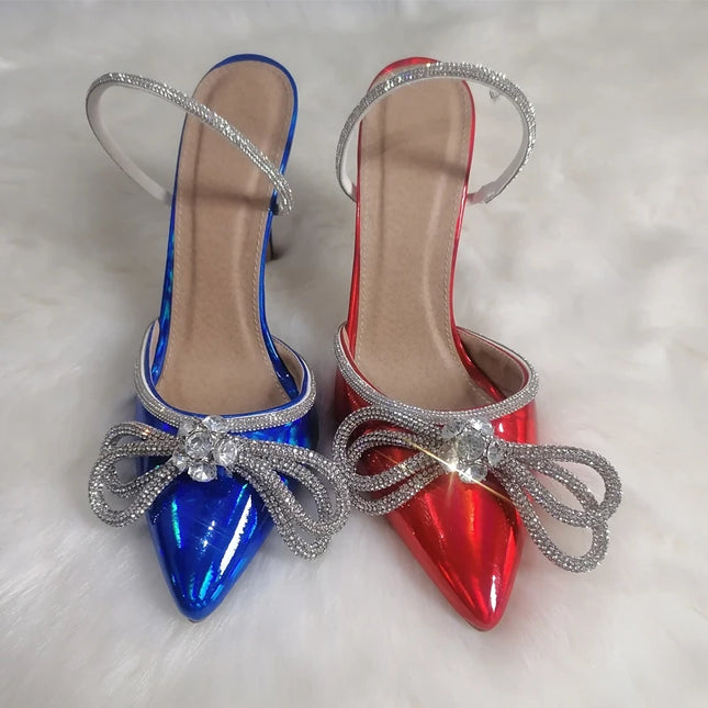 Onlymaker women's elegant pointed-toe crystal butterfly knot shiny concise party thin high heels wedding gift fashion sandals