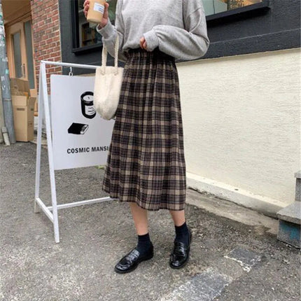 Vintage Wool Pleated Plaid Skirt Women High Waist Plus Size Long Skirt 2022 Autumn Winter Harajuku Female Party Skirt Streetwear PlatiNum