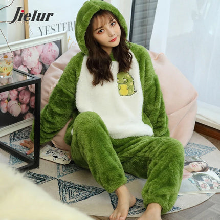 Jielur Warm Women Pajama Sets Winter Lady Long Sleeve Shirt+Pants Home suit Hooded Cartoon Print Thick Pijama Feminino