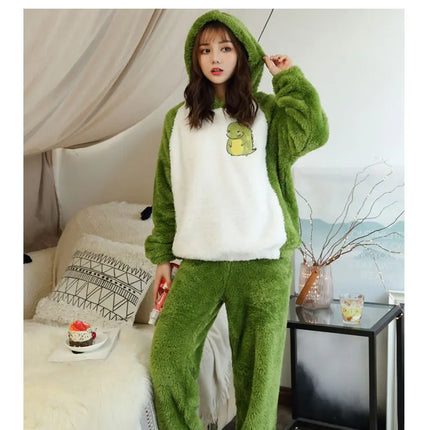Jielur Warm Women Pajama Sets Winter Lady Long Sleeve Shirt+Pants Home suit Hooded Cartoon Print Thick Pijama Feminino