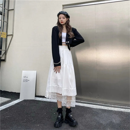 Y2k Gothic Tulle Pleated Skirt Black Lace Stitching Irregular Midi Skirt Women Vintage High Waist Long Skirt Korea Solid Hip Hop PlatiNum
