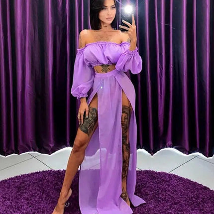 Set di abbigliamento moda estiva da donna, top a maniche lunghe con spalle scoperte e gonna copricostume in due pezzi per viaggi in vacanza al mare platinumshop
