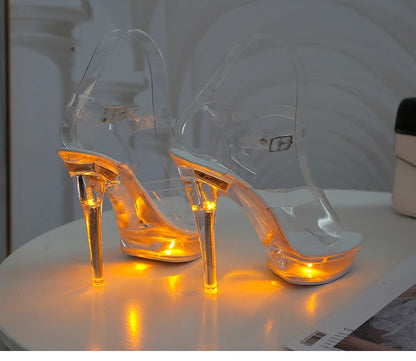 Light Up Glowing Shoes Woman Luminous Clear Sandals Women Platform Shoes LED 13cm High Heel Transparent Stripper Heels Shoes