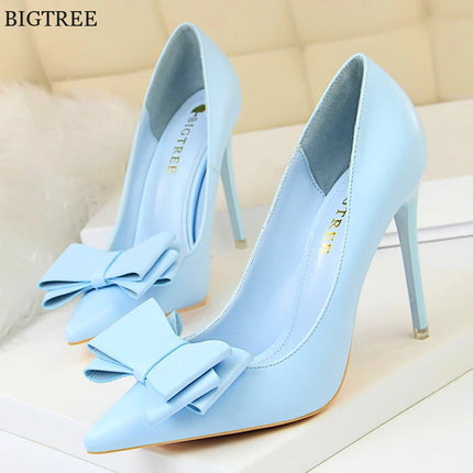 BIGTREE Rosso Blu Nero Scarpe Bowknot Dolce Donna Décolleté in morbida pelle Punta a punta Donna Tacchi alti Abito a spillo Scarpe da donna da ufficio