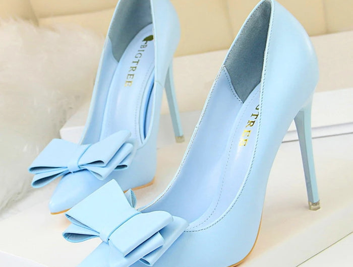 BIGTREE Rosso Blu Nero Scarpe Bowknot Dolce Donna Décolleté in morbida pelle Punta a punta Donna Tacchi alti Abito a spillo Scarpe da donna da ufficio