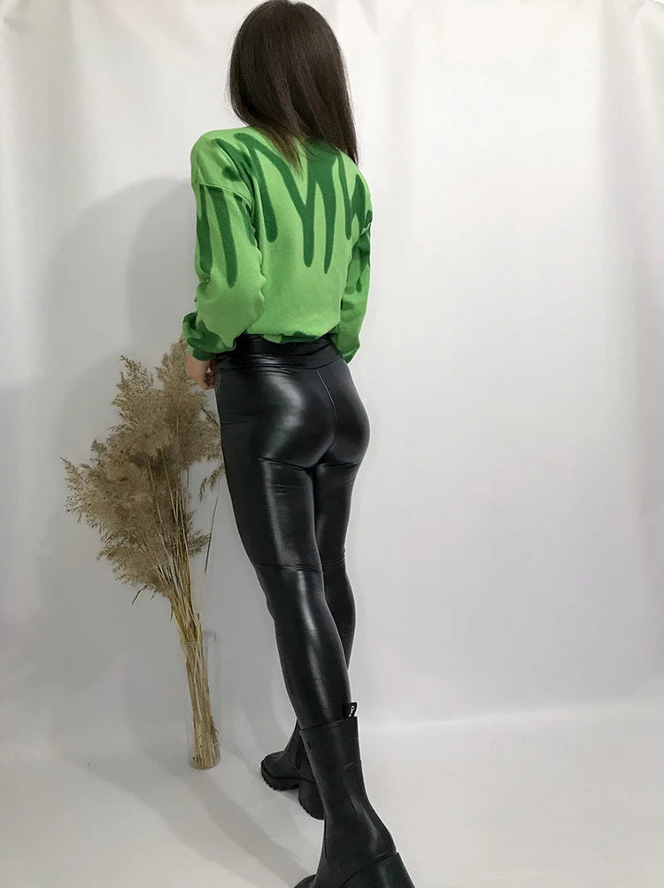 BIVIGAOS Fashion Women PU Leather Pants Elastic High Waist Winter Leggings Slim Velvet Leather Leggings Skinny Fleece Trousers PlatiNum