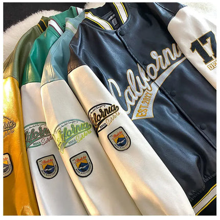 American retro letter embroidered jackets coats men's motorcycle bomb street leather baseball uniform couple casual loose jacket