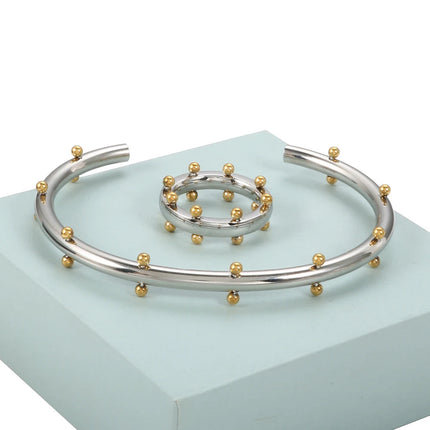 Set di gioielli di lusso Bracciale rigido in acciaio inossidabile Anello da dito Orecchini a cerchio con mini sfere per regali di gioielli di moda da donna platinumshop