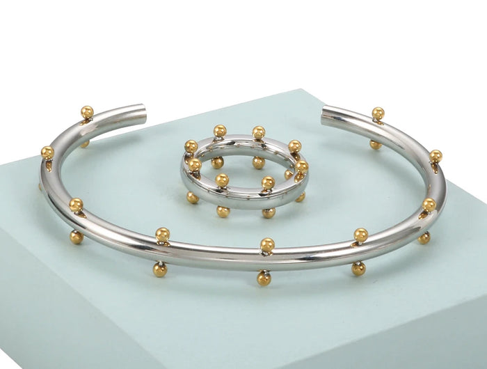 Set di gioielli di lusso Bracciale rigido in acciaio inossidabile Anello da dito Orecchini a cerchio con mini sfere per regali di gioielli di moda da donna platinumshop
