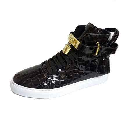 Luxury Designer Men Crocodile Pattern High Top Sneakers Glossy Patent Leather Gold Buckle Lace-up Casual Street Shoes Footwear