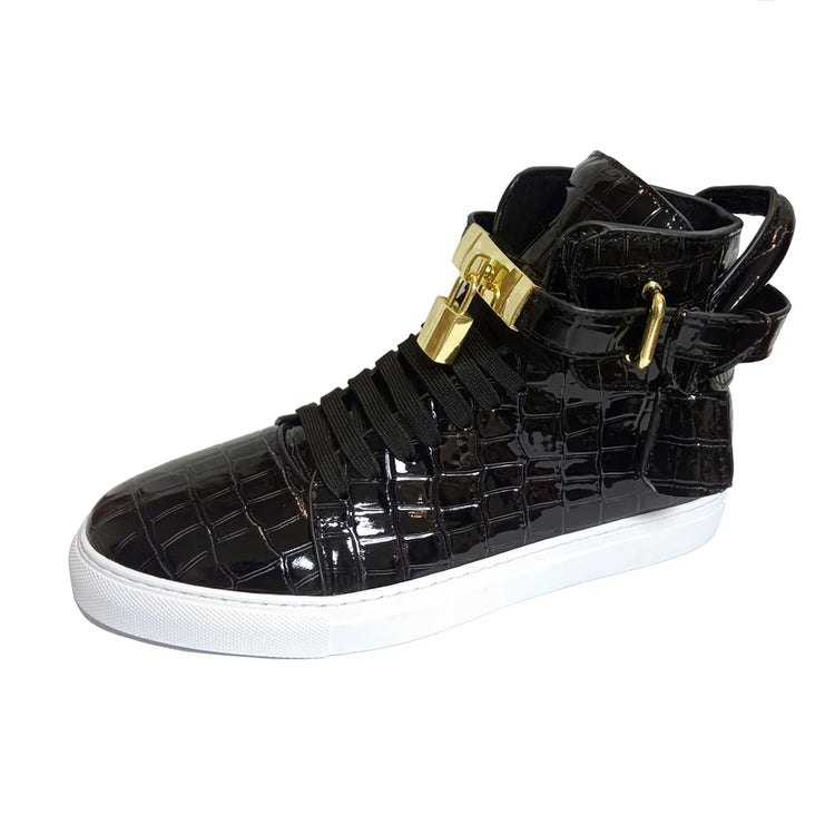 Luxury Designer Men Crocodile Pattern High Top Sneakers Glossy Patent Leather Gold Buckle Lace-up Casual Street Shoes Footwear