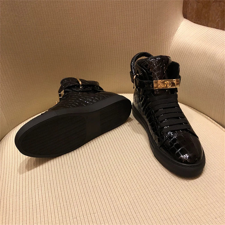 Women’s Genuine Cow Leather Flat Ankle Boots Stone Pattern Black High with Lace Sneakers Designer With Lock Luxury Brands Shoes