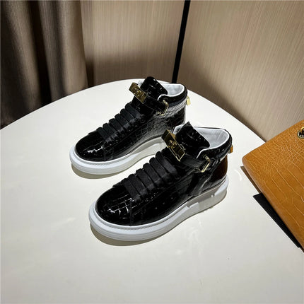 2026 Mid-Top Sneakers Men Alligator Pattern Round Toe Lock Decoration Lace Flats Glossy Cow Leather Casual Shoes