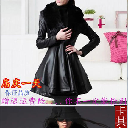 PU Leather Long Leather Jacket Women's Fur Collar Removable Coat Faux Leather Slim Female Temperament Leather Windbreaker Black