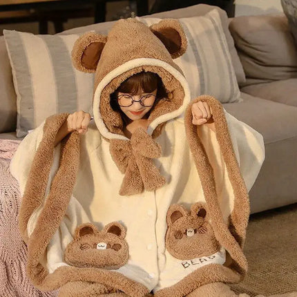 Japan Cute Lolita Pajamas Sets Girls Sweet Bear Ear Hooded Coral Fleece Cloak Sleepwear Women Winter Kawaii Home Clothes Pyjamas