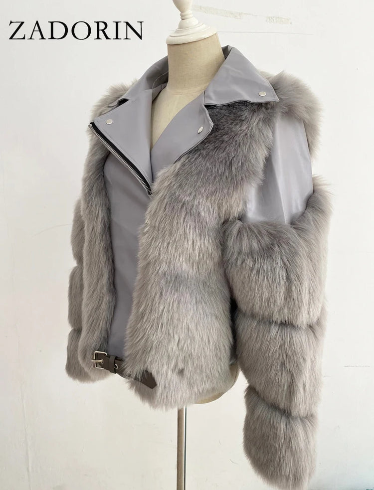 ZADORIN Top Fashion Luxury FAUX Fox Fur Coat Motorcycle PU Leather Turn Down Collar Warm Faux Fur Jacket Women Autumn Winter New