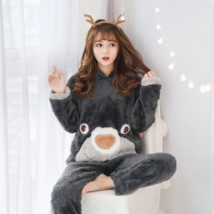 Cute Pajamas Set 2 Pieces Women Sleepwear Warm Winter Thick Coral Fleece Hooded Cartoon Girls Homewear Animal Pajamas Nighties