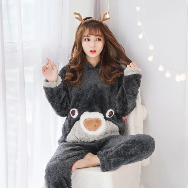 Cute Pajamas Set 2 Pieces Women Sleepwear Warm Winter Thick Coral Fleece Hooded Cartoon Girls Homewear Animal Pajamas Nighties