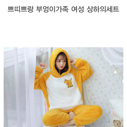Jielur Warm Women Pajama Sets Winter Lady Long Sleeve Shirt+Pants Home suit Hooded Cartoon Print Thick Pijama Feminino