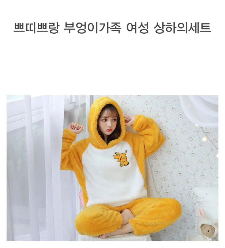 Jielur Warm Women Pajama Sets Winter Lady Long Sleeve Shirt+Pants Home suit Hooded Cartoon Print Thick Pijama Feminino
