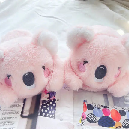 Cute Pink Gray Koala Cartoon Animal Plush Slippers Female Winter Warm Koala Home Woman Slipper