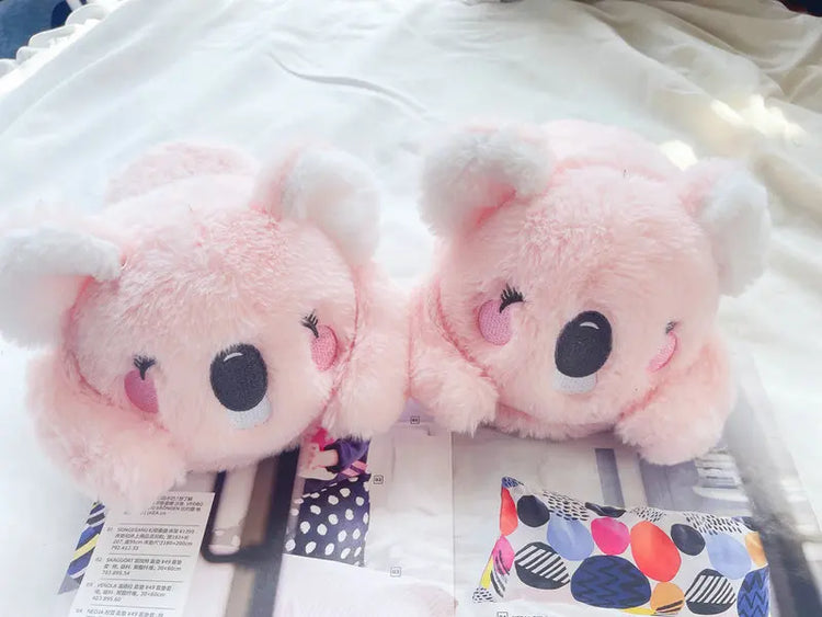 Cute Pink Gray Koala Cartoon Animal Plush Slippers Female Winter Warm Koala Home Woman Slipper