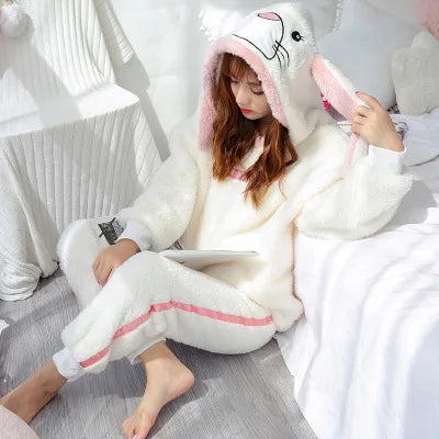 Cute Pajamas Set 2 Pieces Women Sleepwear Warm Winter Thick Coral Fleece Hooded Cartoon Girls Homewear Animal Pajamas Nighties