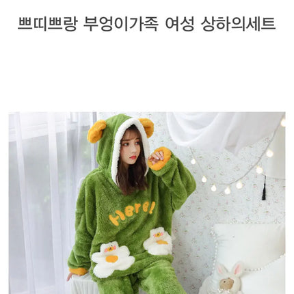 Jielur Warm Women Pajama Sets Winter Lady Long Sleeve Shirt+Pants Home suit Hooded Cartoon Print Thick Pijama Feminino