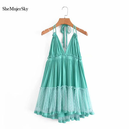 SheMujerSky Sexy Lace Patchwork Backless Mini Dress Summer V Neck Halter Dresses Women's Dress Elegant Party