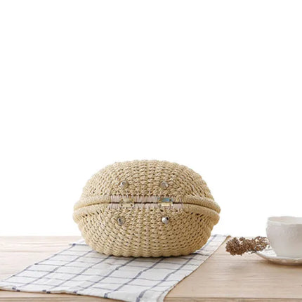 Women's Handmade Round Woven Natural Rattan Handbag Shoulder Bag Summer Beach Bag with Casual Bohemia Women's Clutch