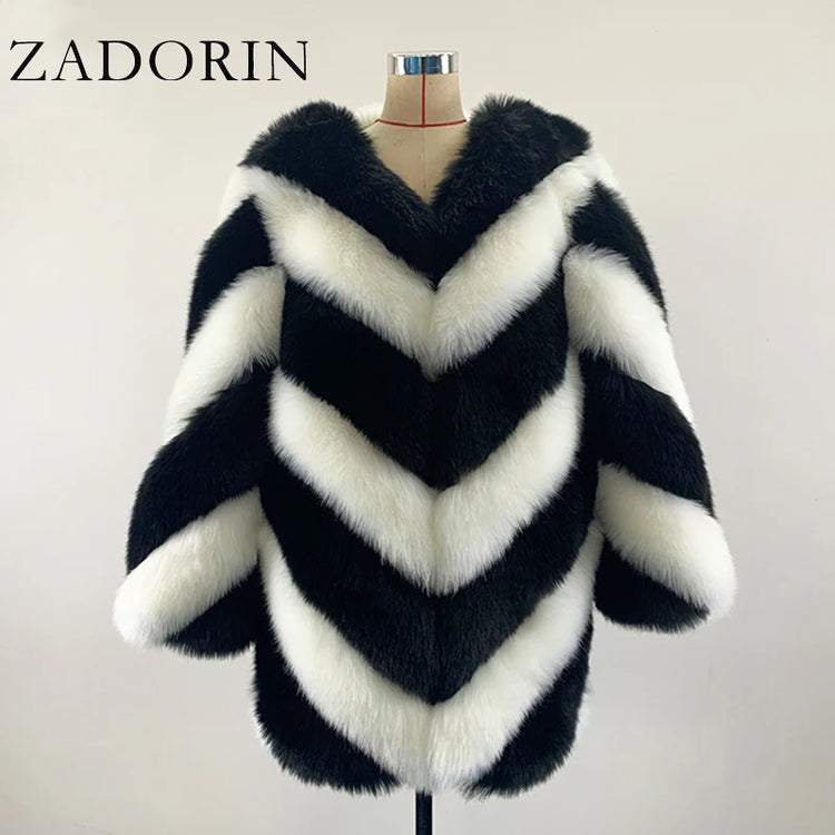 ZADORIN Korean Fashion Winter Faux Fox Fur Coat Women Luxury Color Contrast Long Thick Warm Fluffy Jacket Fake Fur Coats Jackets