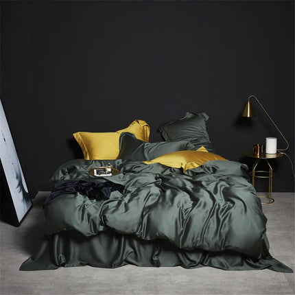 Liv-Esthete Set biancheria da letto in seta 100% verde scuro Set biancheria da letto in pura seta sana di lusso Queen King Copripiumino Lenzuolo piatto Federa Set biancheria da letto